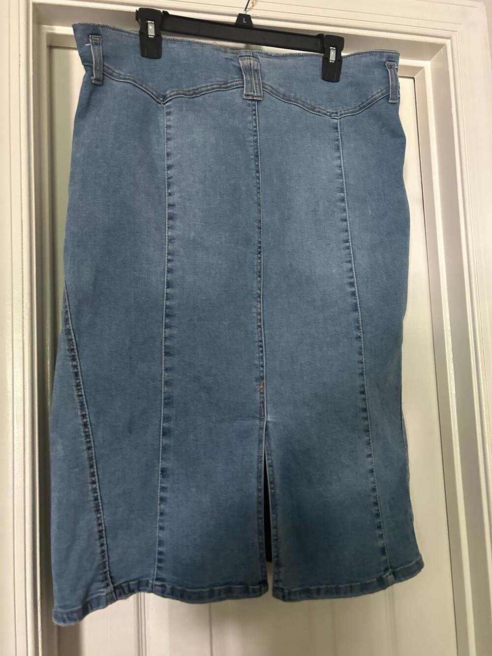 Inspire Chic Women's High-Waisted Blue Denim Pencil Skirt with Back Slit - Picture 2 of 11